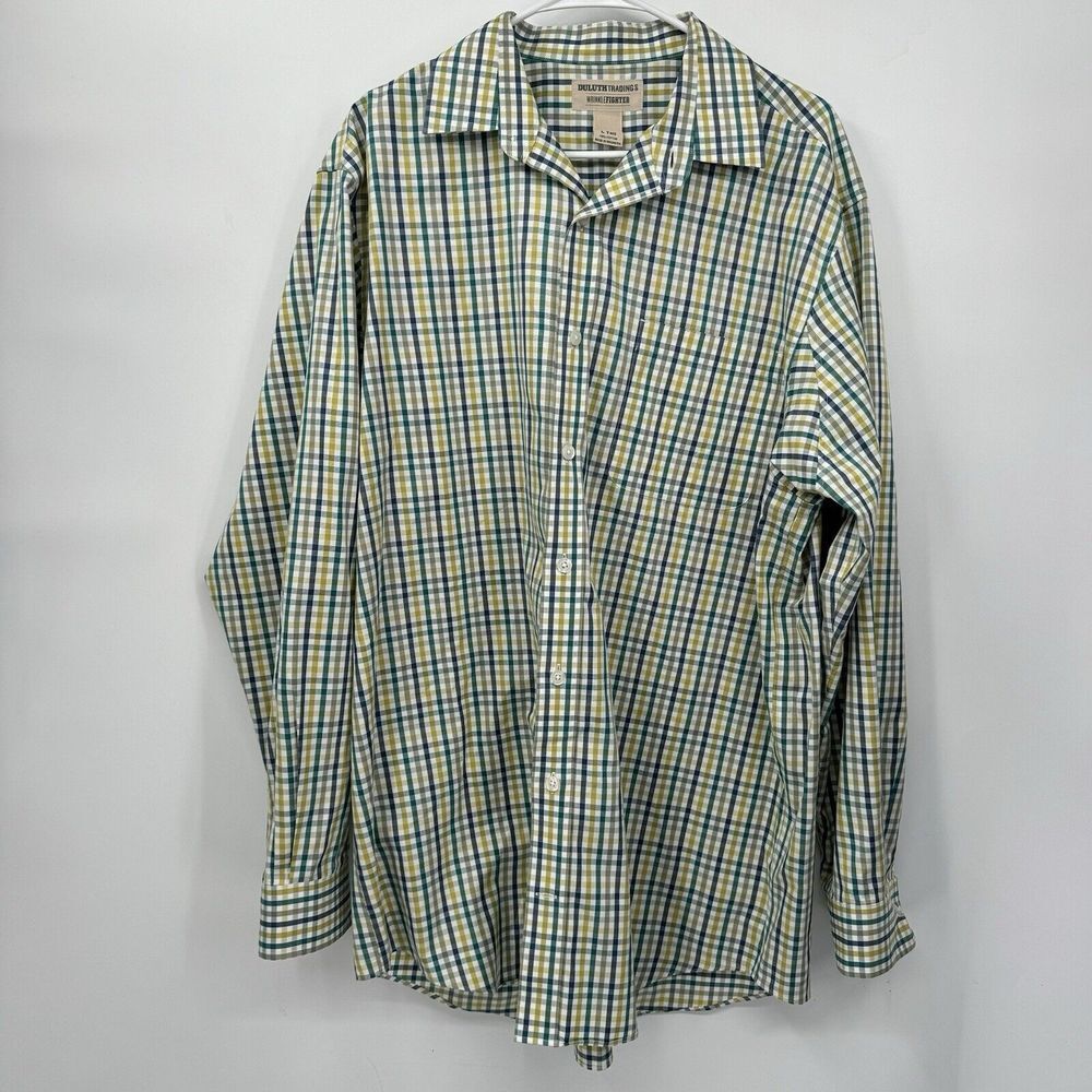 Duluth Trading Co L Tall Wrinklefighter Shirt Mens Green Yellow Plaid Cotton